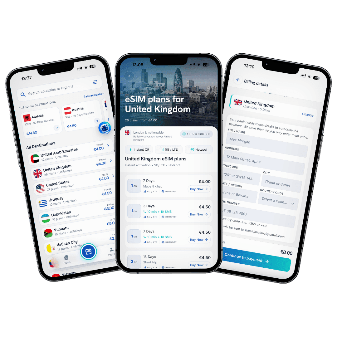 eSIM2you app screens: destination list, United Kingdom plans and billing details